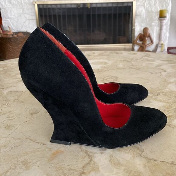 CHARLES JOURDAN Paris Eddie Black Suede Sculpted Wedge Heels 8 1/2 M - Picture 3 of 12